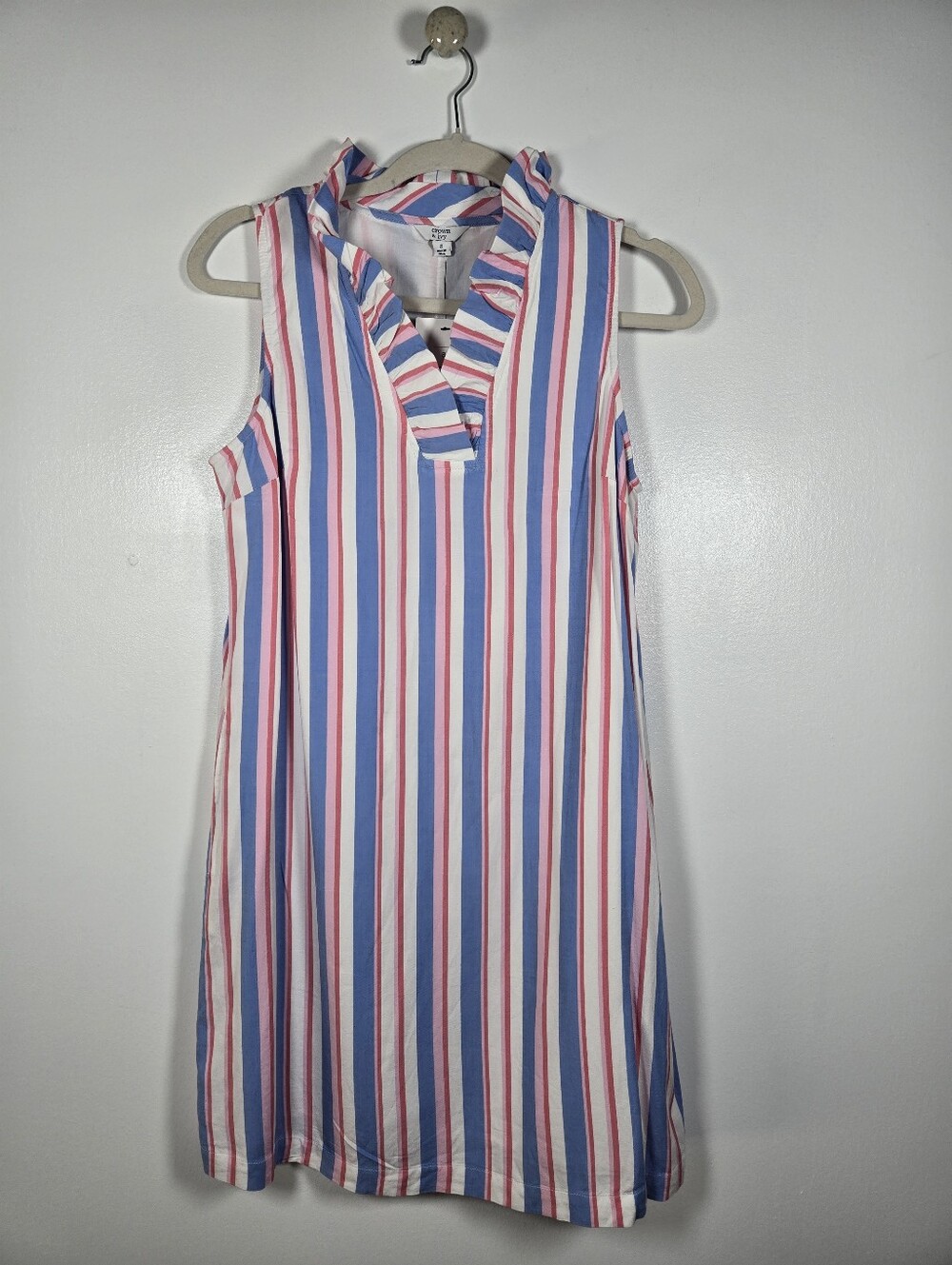 NEW Crown & Ivy Vertical Stripe Sleeveless Ruffle V-Neck Tunic Dress Size Small